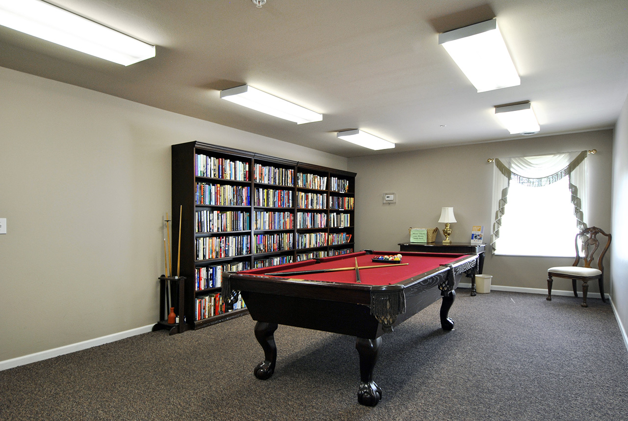 Pool table and library at Swanhaven Manor